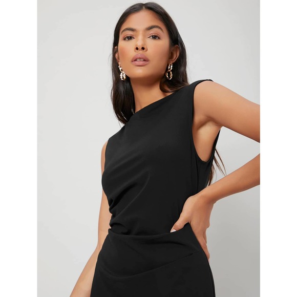 TANK SLEEVE FITTED GATHERED BODYCON DRESS BUSINESS CASUAL MINIMALIST BLACK - Picture 10 of 11
